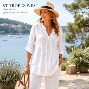 St Tropez West 100% Linen Embroidered Blouse Medium Tunic Beach Cover Up Resort